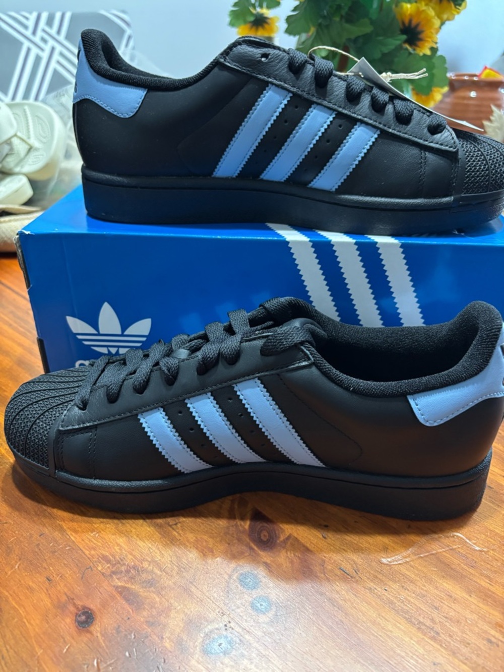 Adidas Superstar Black & Light Blue Leather Sneakers NEW Unisex